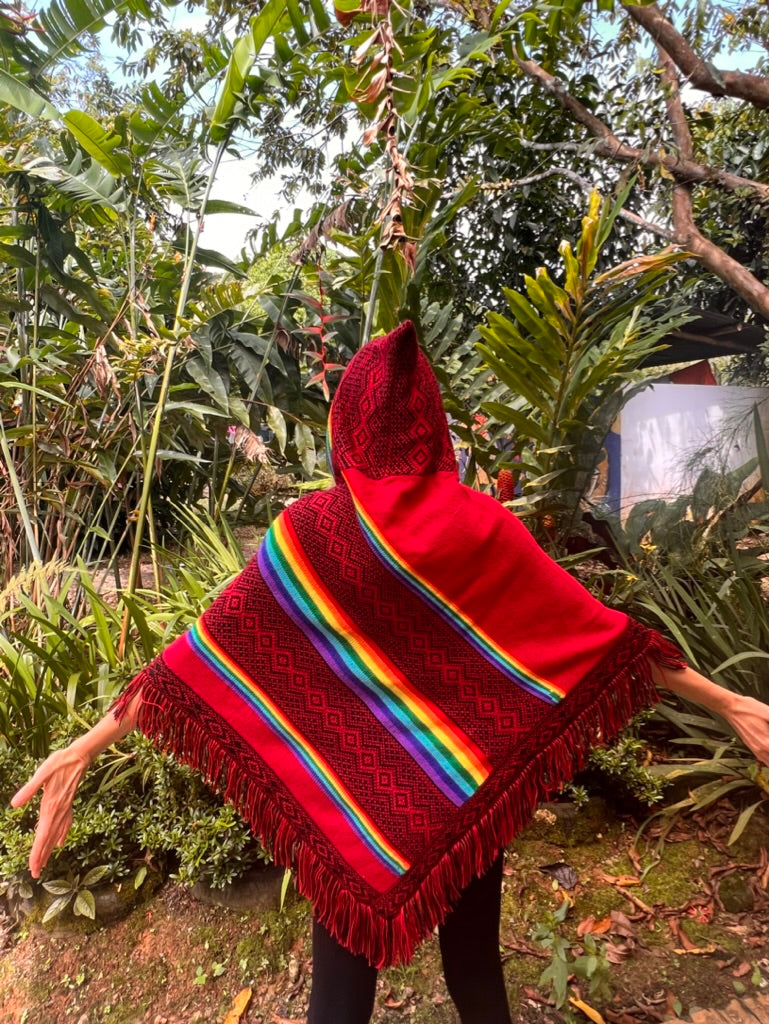 Dark red spring/autumn poncho with rainbow patterns