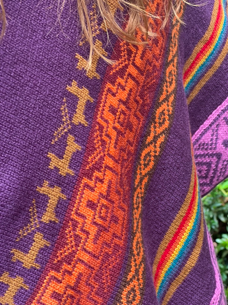Purple spring/autumn poncho with multicoloured patterns