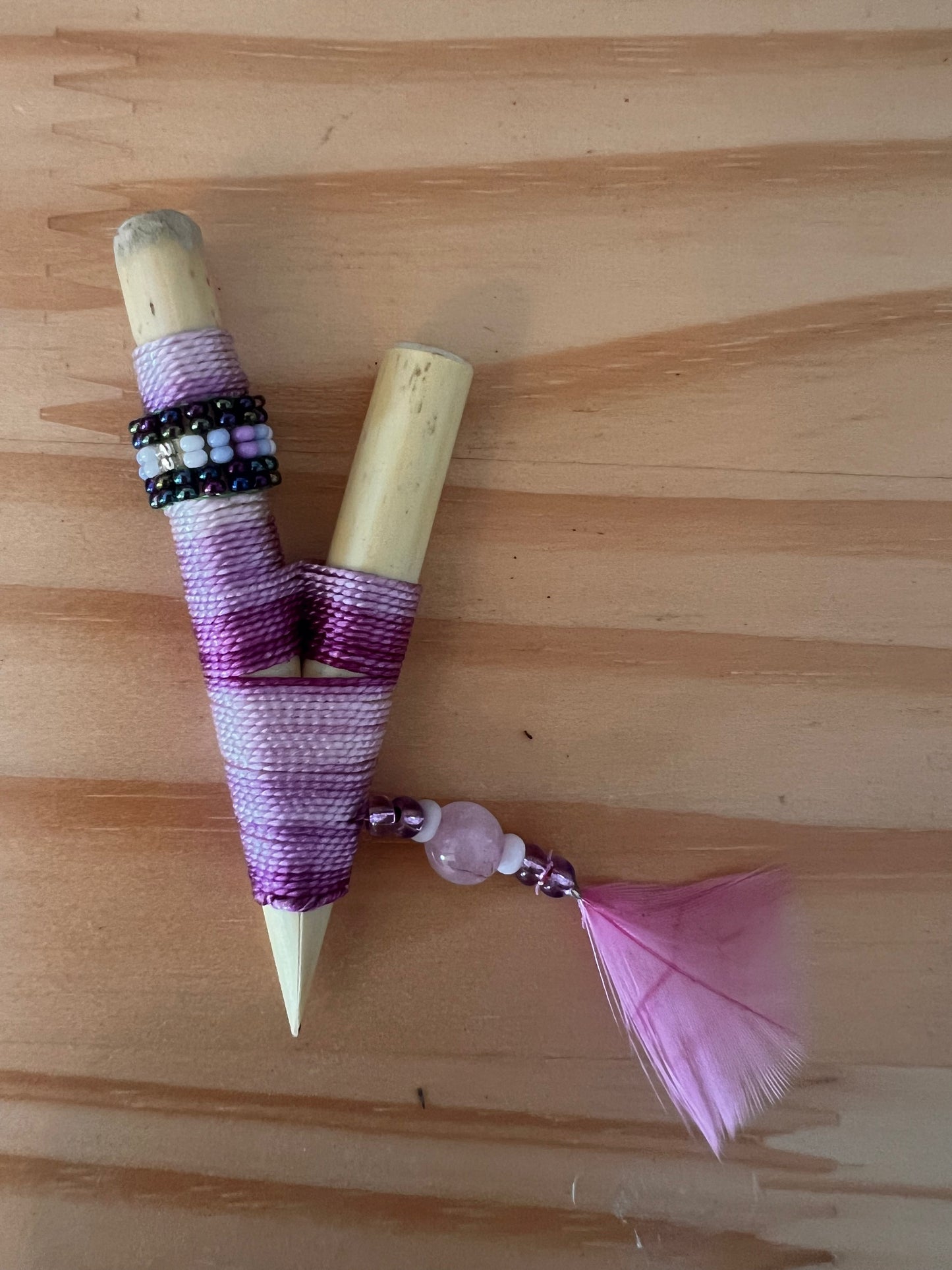 Purple Bamboo Kuripe with feather and pearls