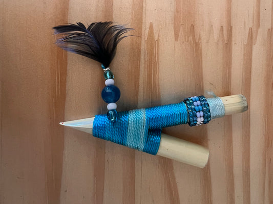Blue Bamboo Kuripe with feather and pearls
