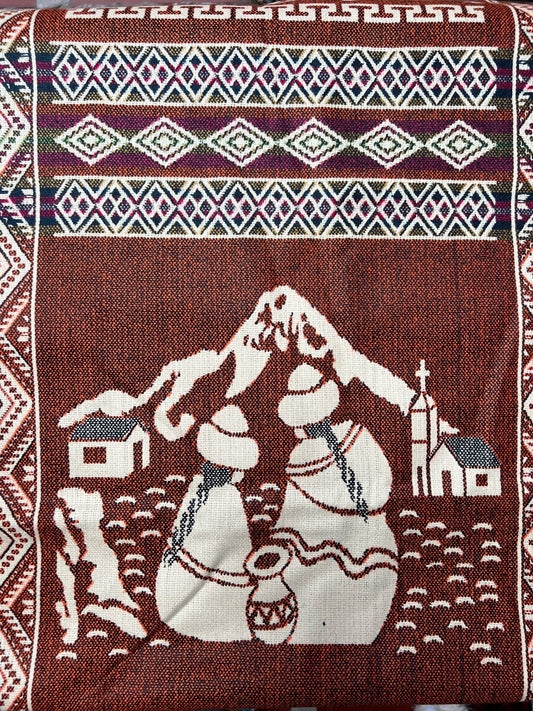 Mantel de Ceremonia marrón claro con paisaje andino 52 x 156 cm