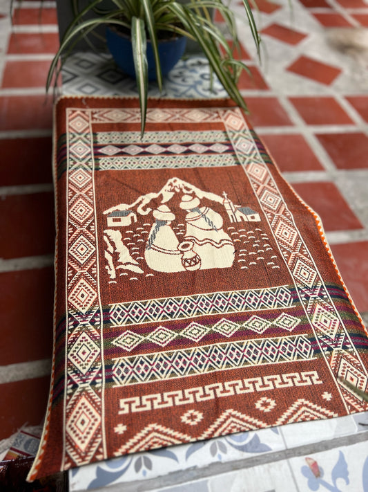 Light brown table cloth 52 x 156 cm with Andean landscape