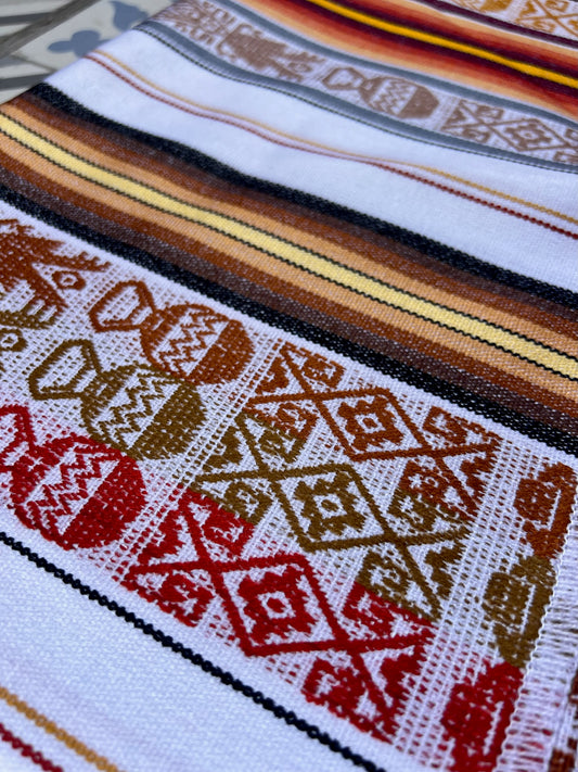 White table cloth with multicolored patterns 50 x 160 cm