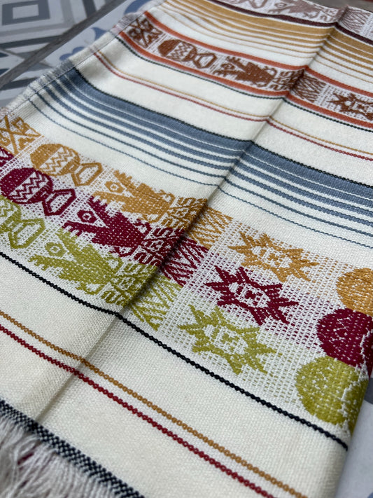 White table cloth with multicolored patterns 50 x 160 cm