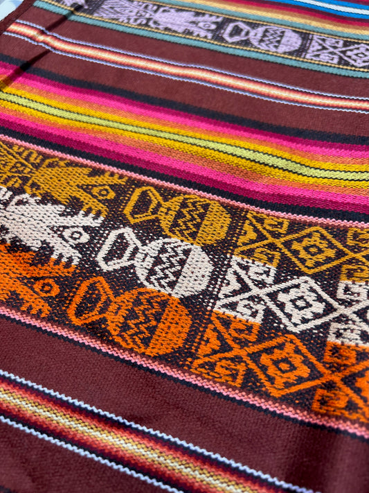 Dark brown table cloth with multicolored patterns 50 x 160 cm