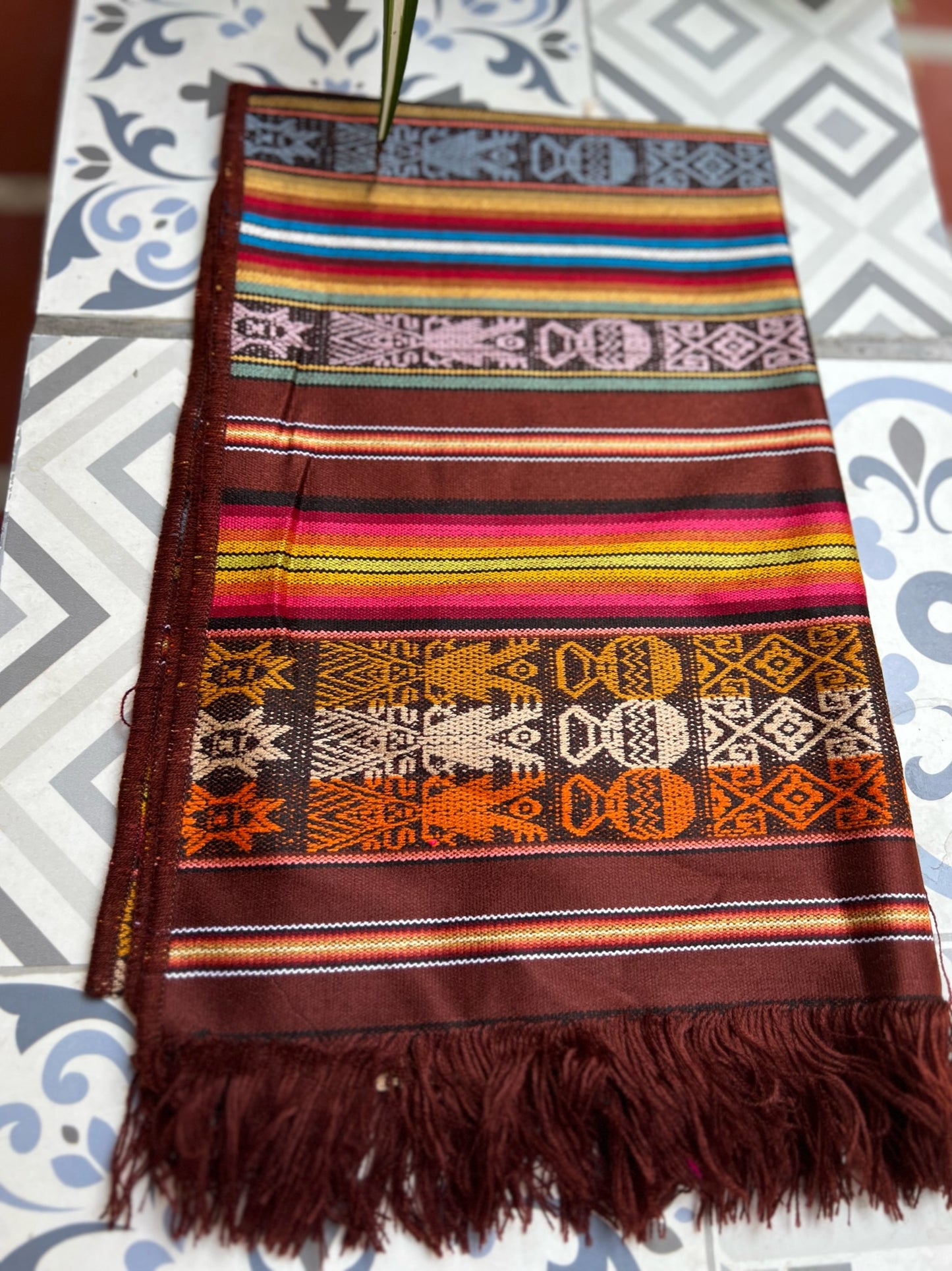 Dark brown table cloth with multicolored patterns 50 x 160 cm