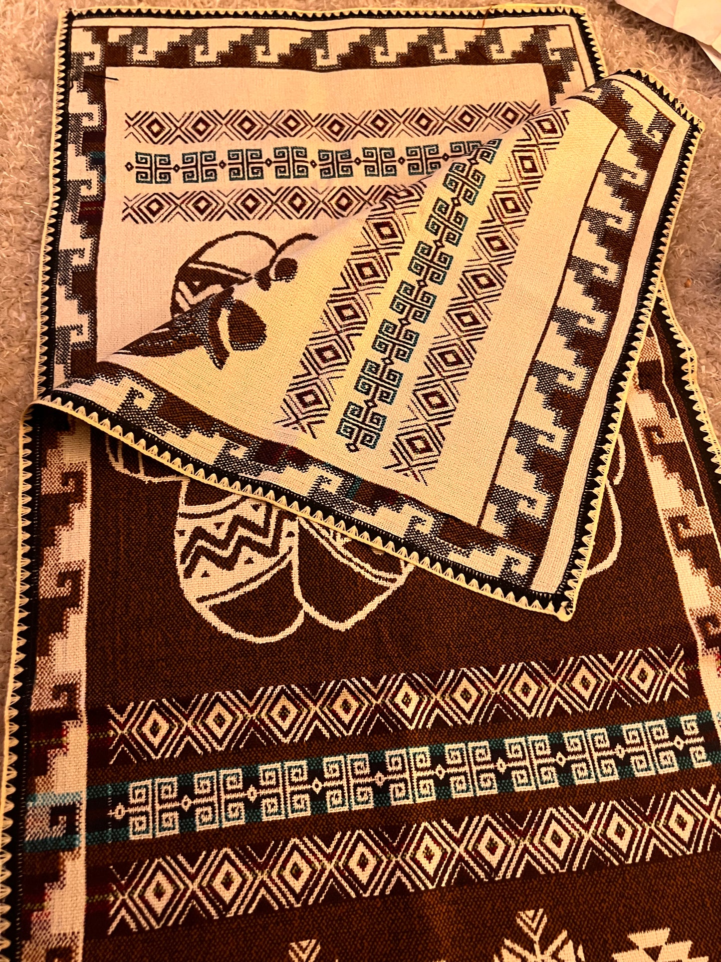 Dark green / brown table cloth with Andean patterns 52 x 156 cm