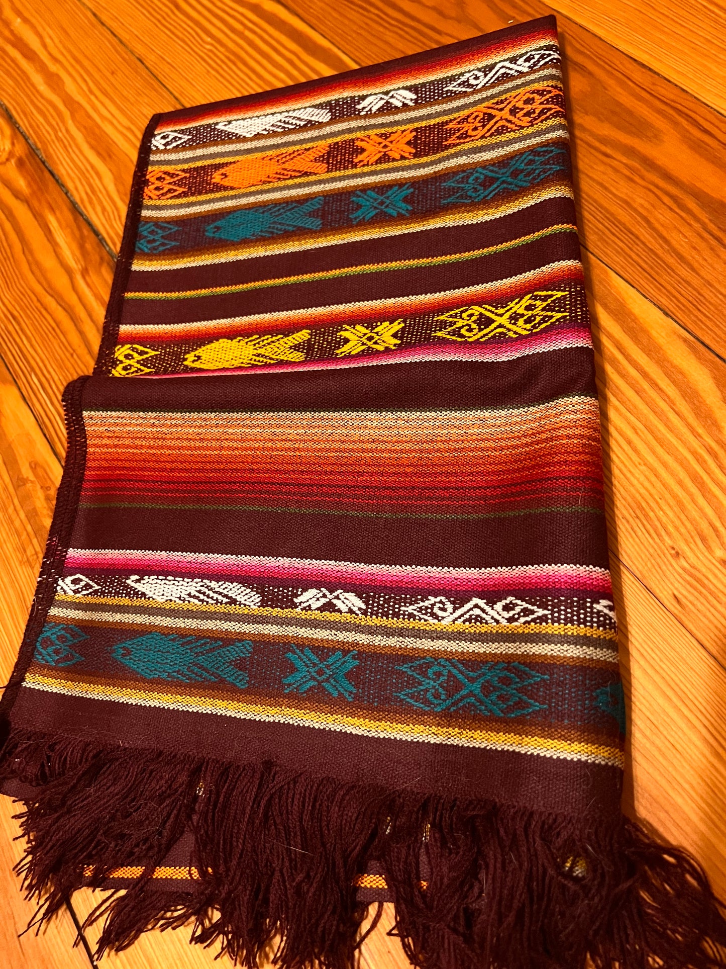 Dark red table cloth with multicolored patterns 50 x 160 cm