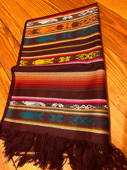 Dark red table cloth with multicolored patterns 50 x 160 cm