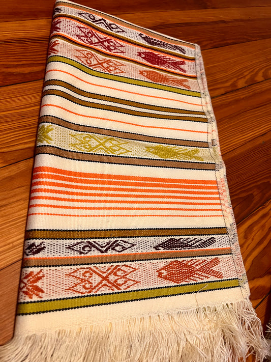 White table cloth 50 x 160 cm with multicolored patterns