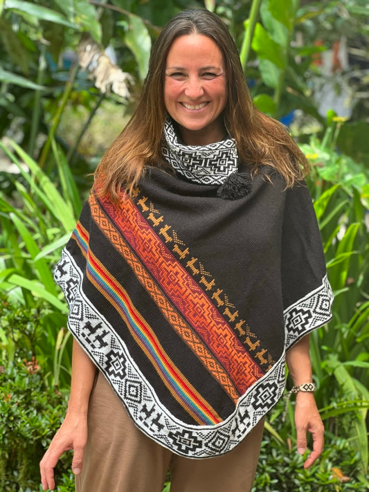 Black spring/autumn poncho with patterns