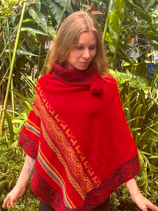 Red spring/autumn poncho with patterns