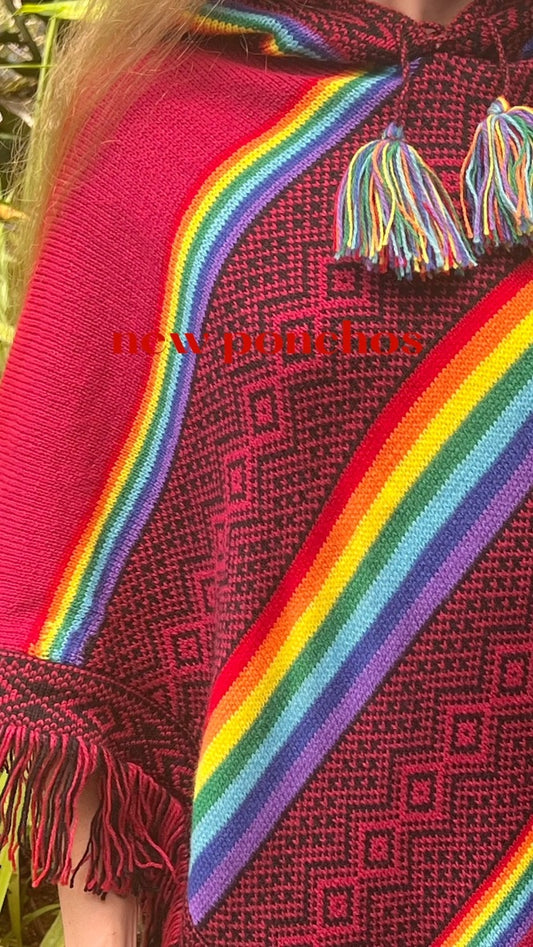 Dark red spring/autumn poncho with rainbow patterns