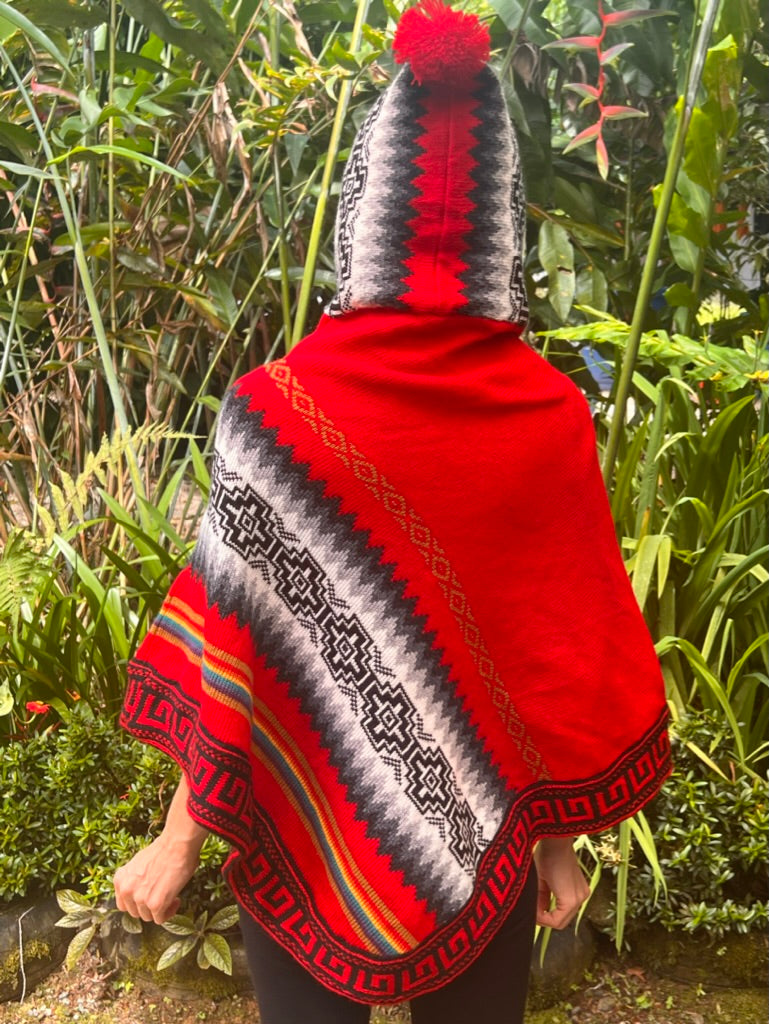 Red spring/autumn poncho with black /white patterns