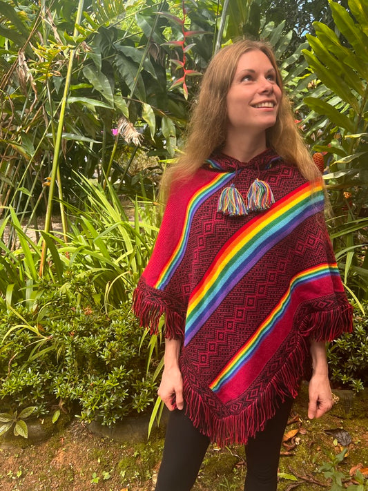 Dark red spring/autumn poncho with rainbow patterns