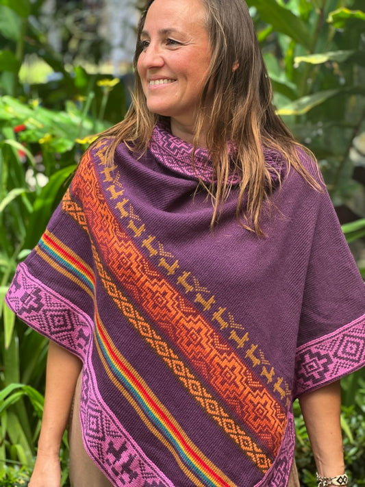 Purple spring/autumn poncho with multicoloured patterns