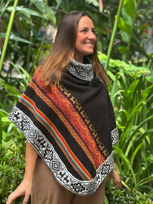 Black spring/autumn poncho with patterns