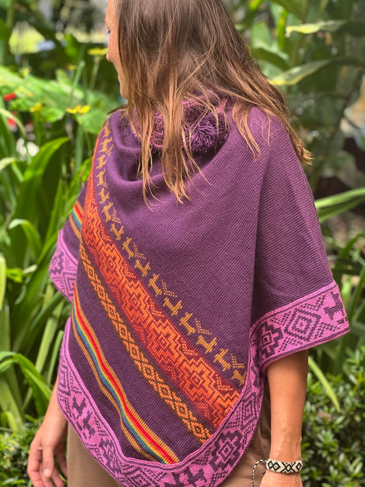 Purple spring/autumn poncho with multicoloured patterns