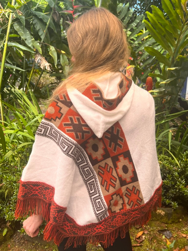 White spring/autumn poncho with brown patterns