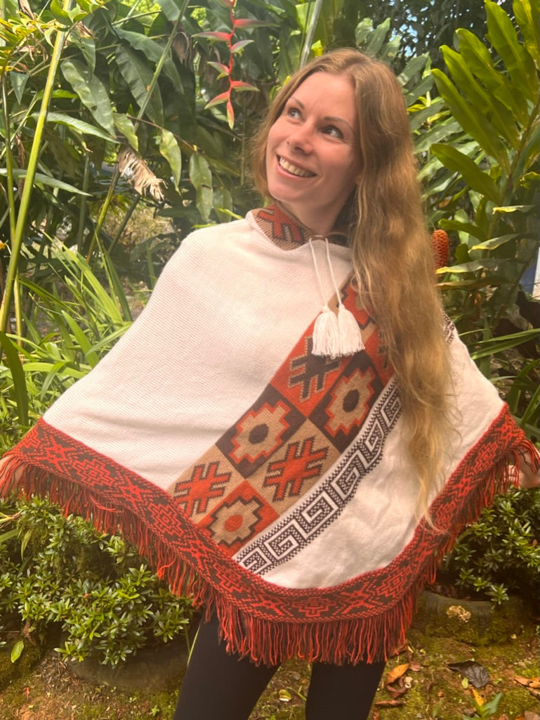 White spring/autumn poncho with brown patterns