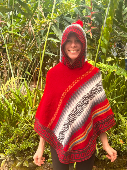 Red spring/autumn poncho with black /white patterns