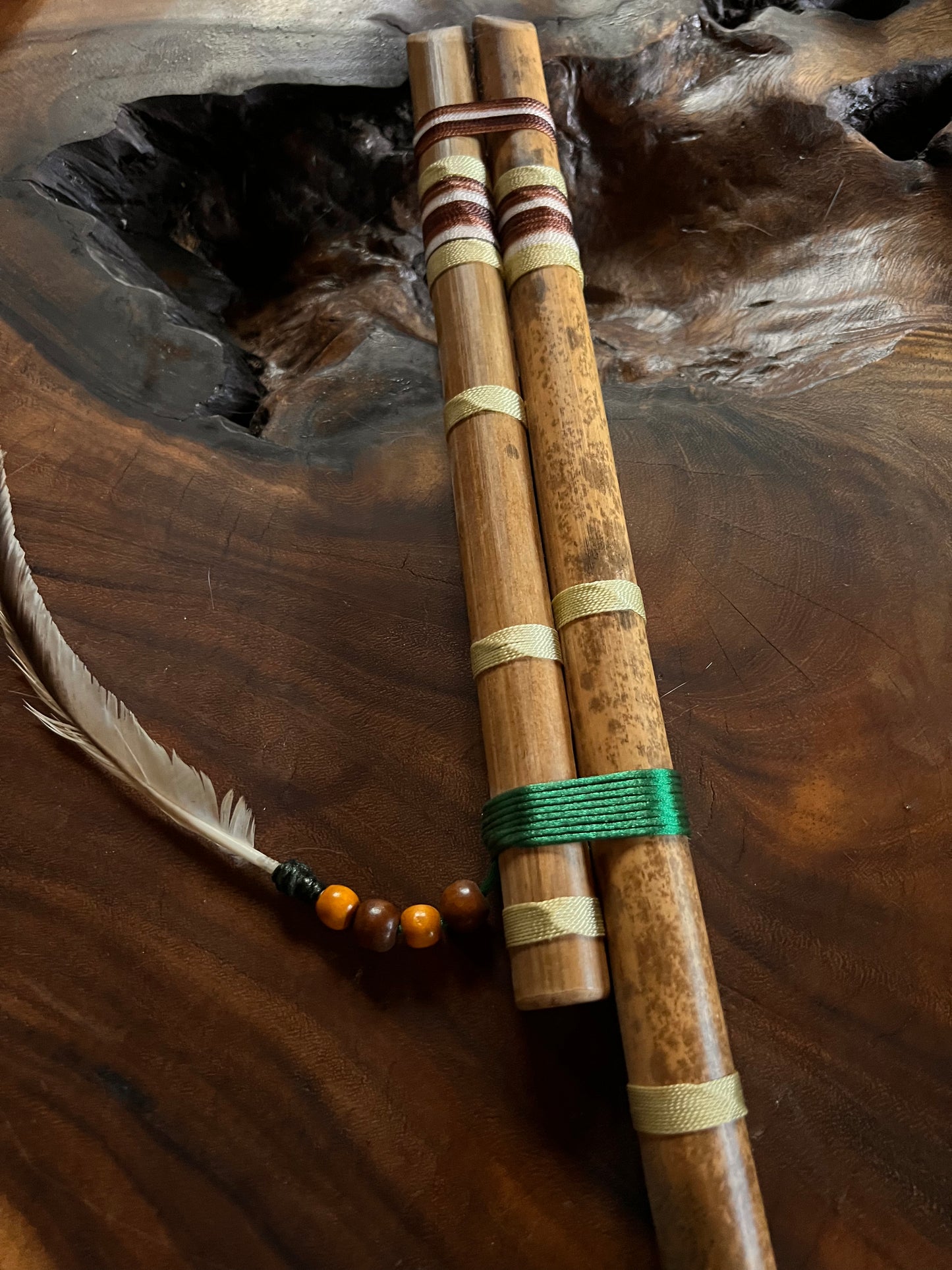 Shamanic flute - Double Pingullo green & brown 52 cm