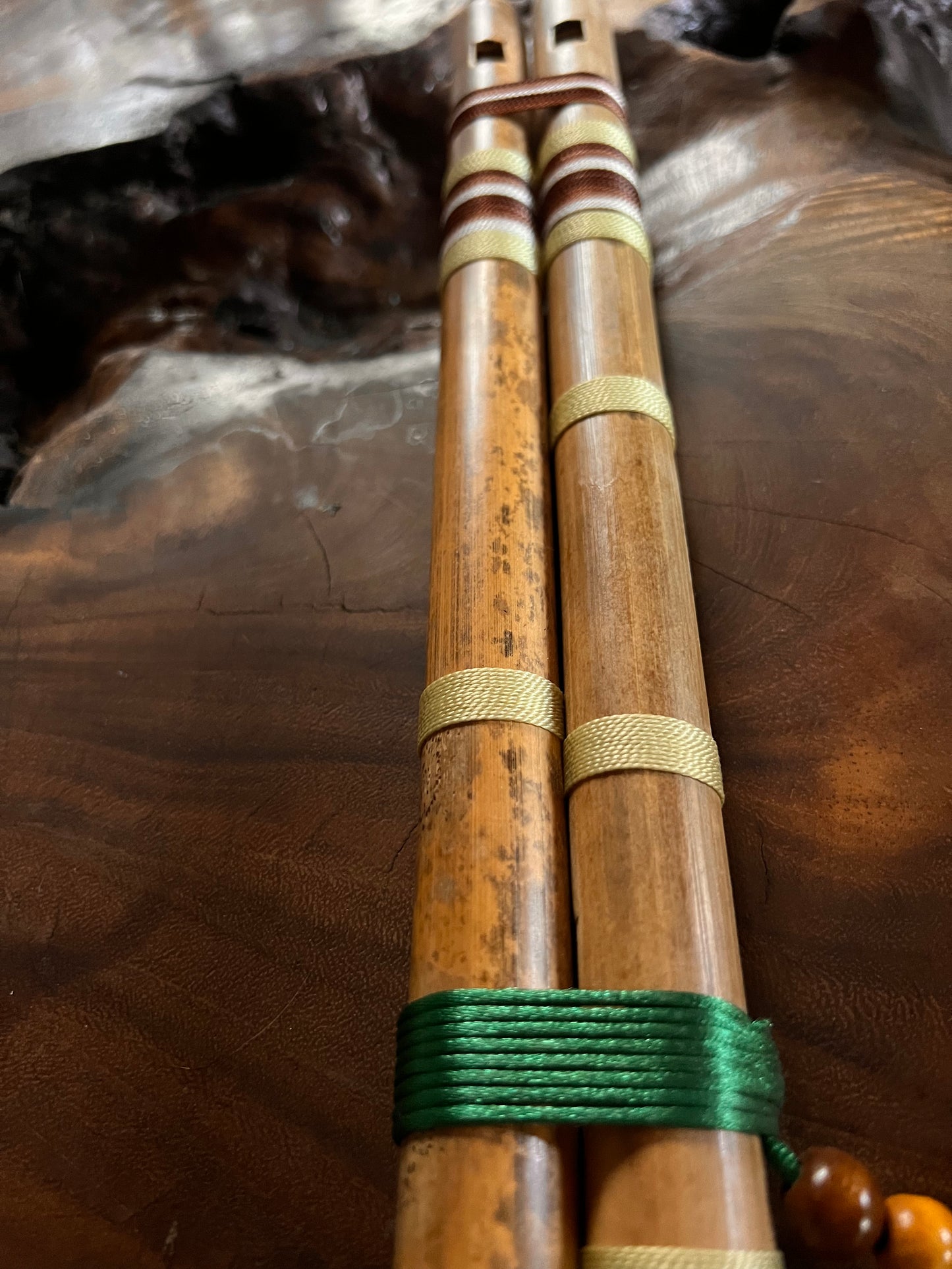 Shamanic flute - Double Pingullo green & brown 52 cm