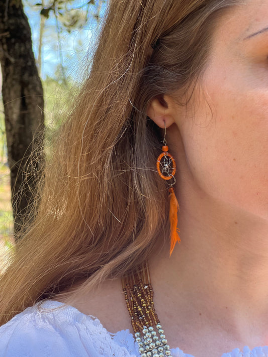 Orange feather earrings