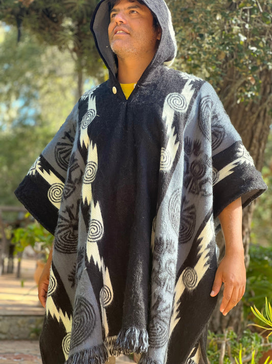 Long black winter poncho with grey patterns