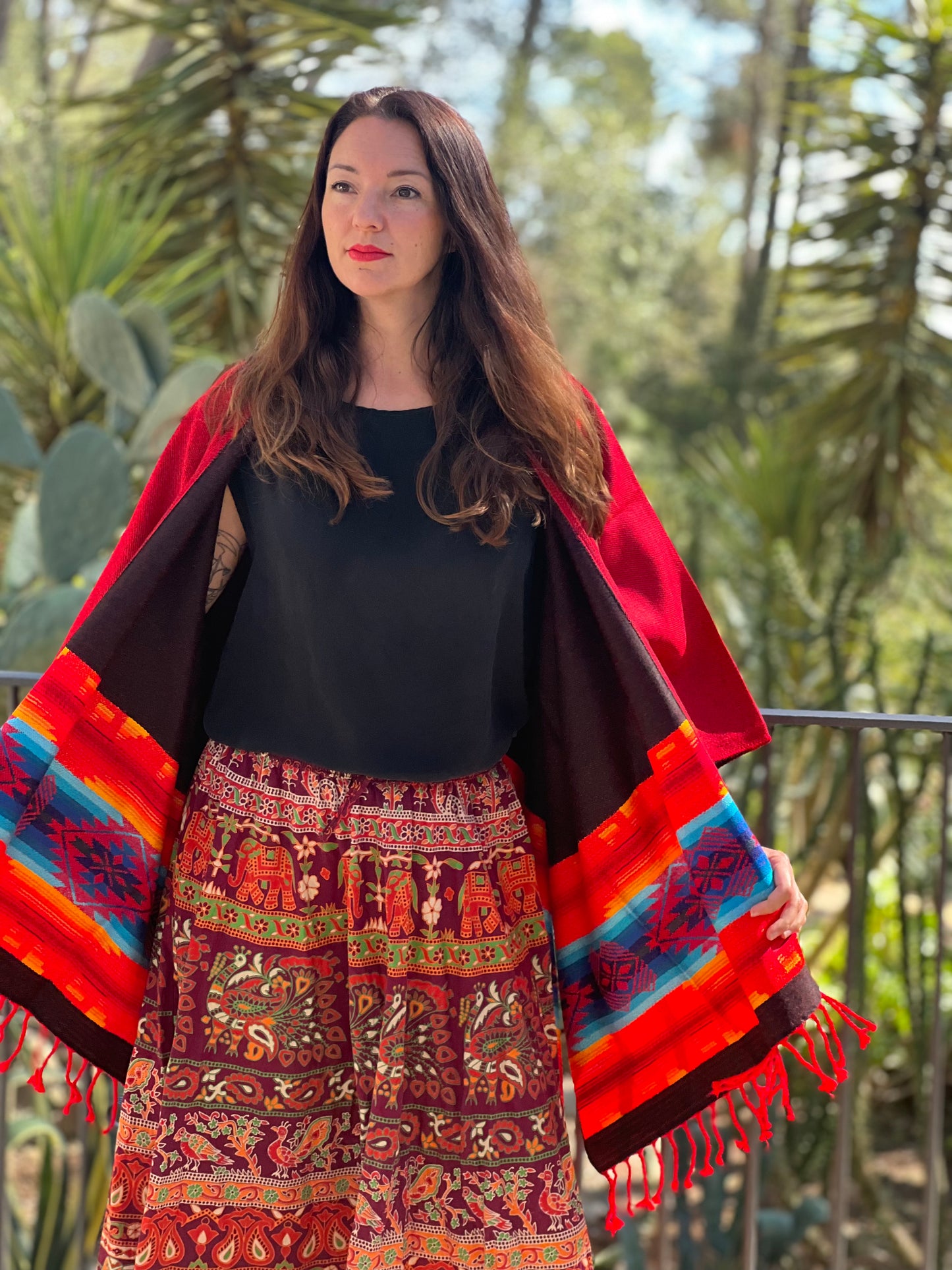 Classical summer poncho - red, violet, green, blue, light brown