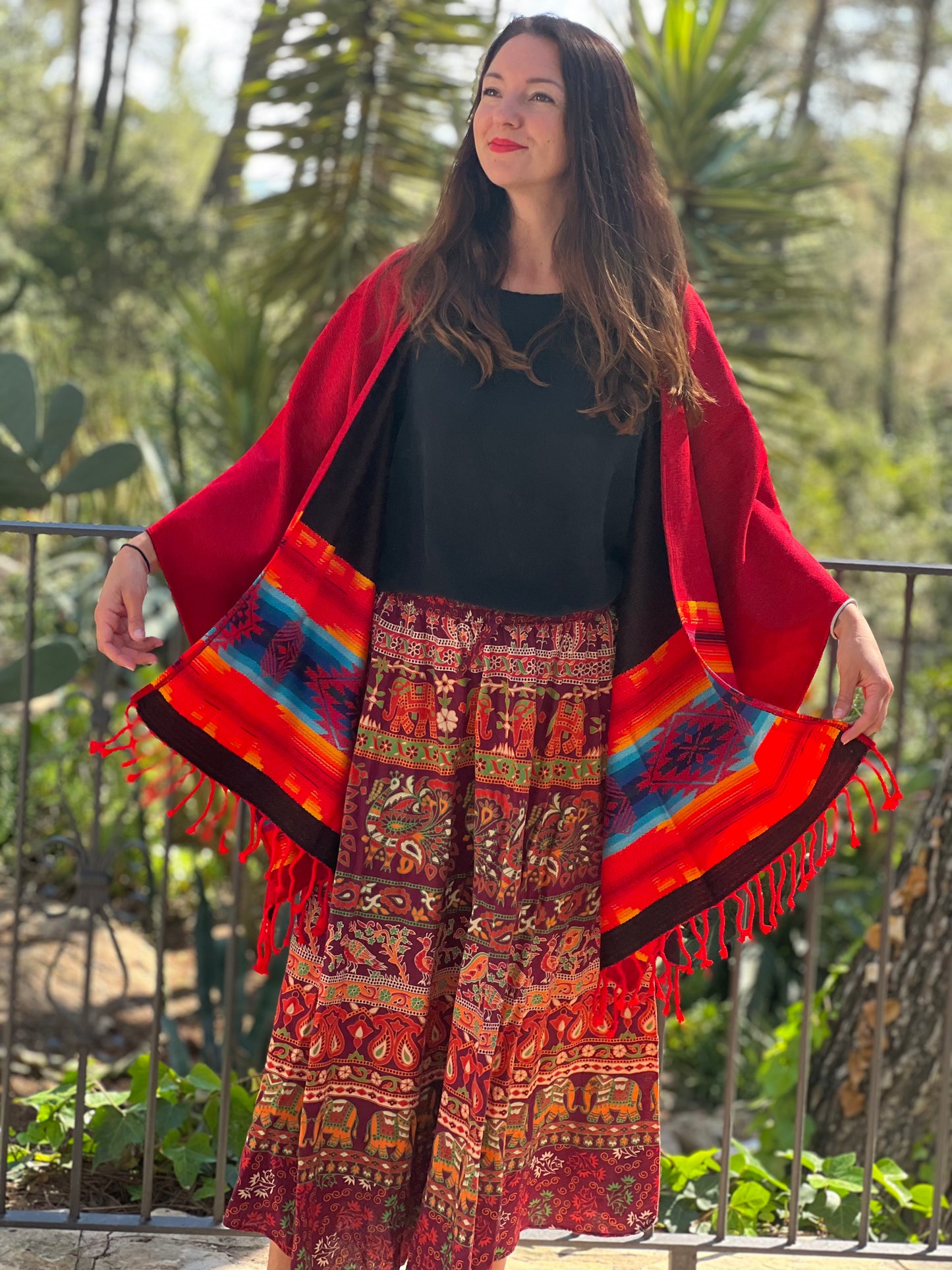 Classical summer poncho - red, violet, green, blue, light brown