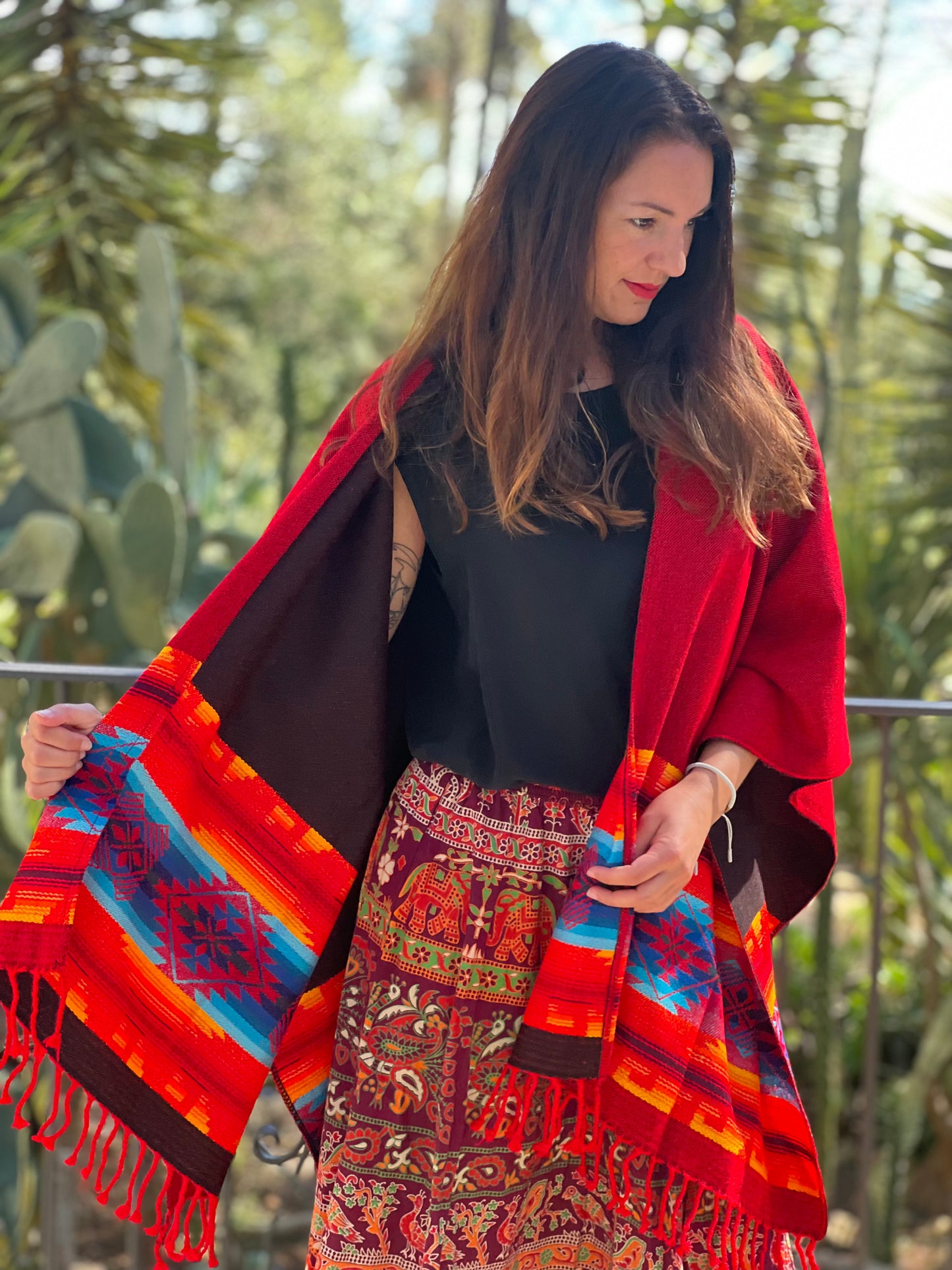 Classical summer poncho - red, violet, green, blue, light brown