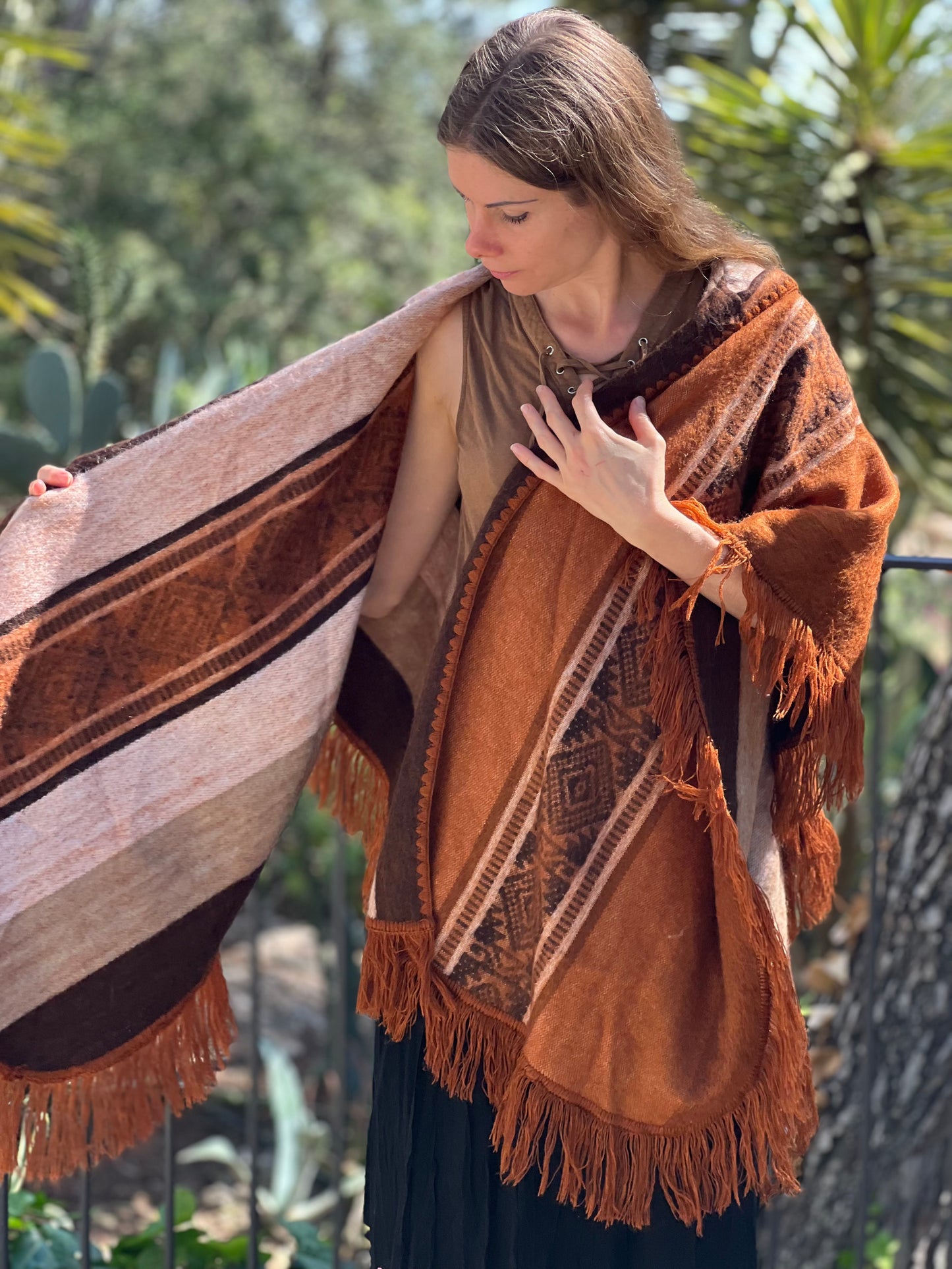 Brown beige winter poncho