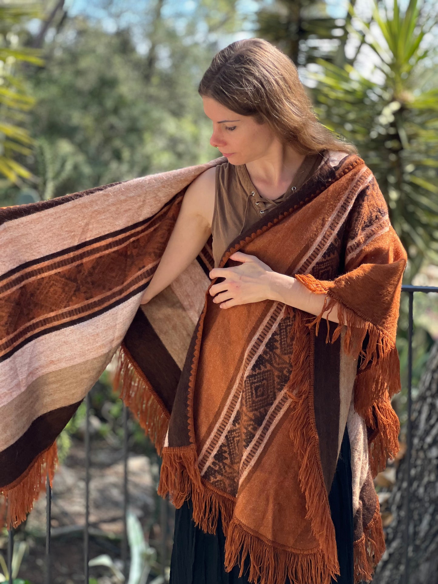 Brown beige winter poncho