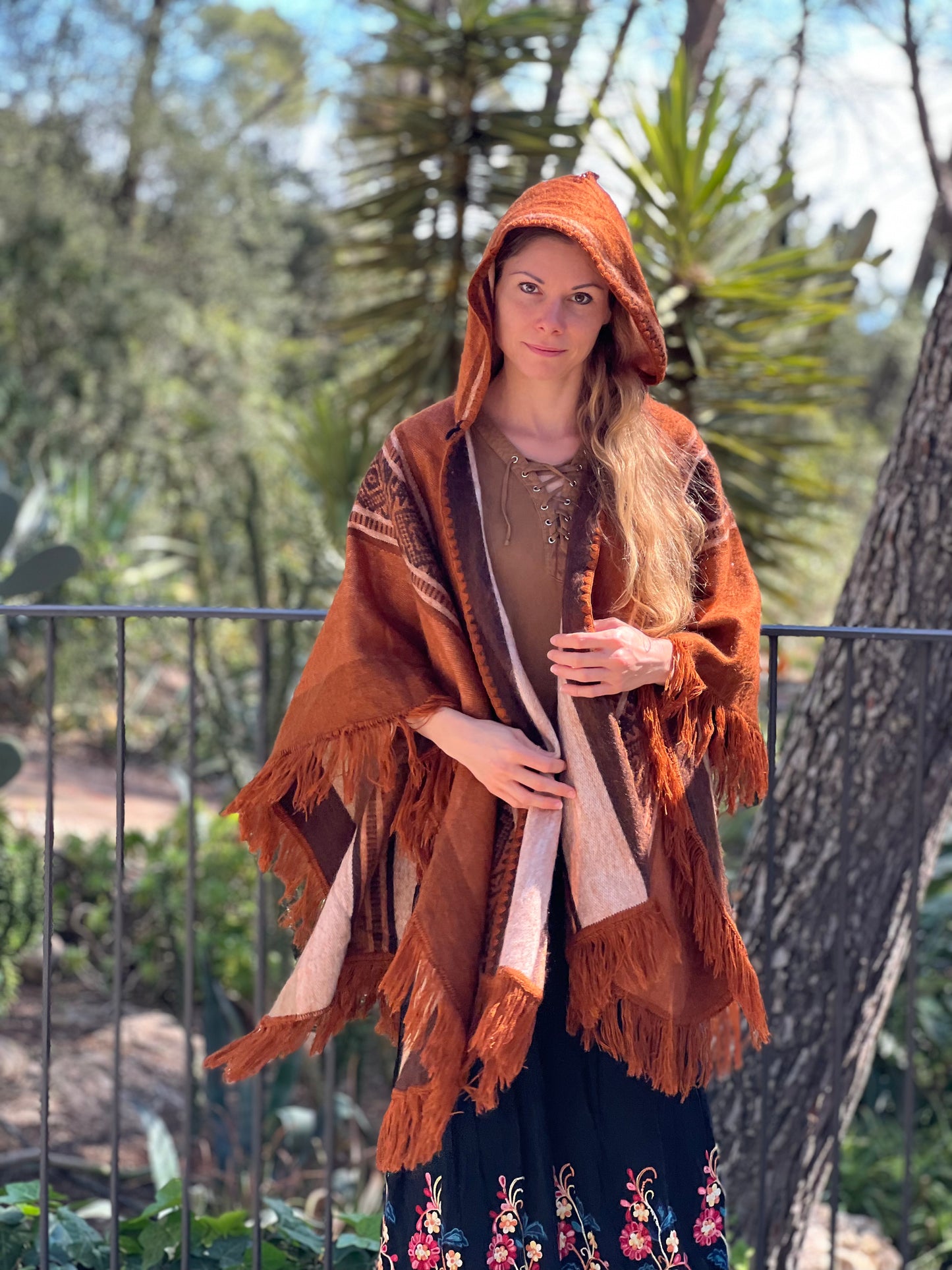 Brown beige winter poncho