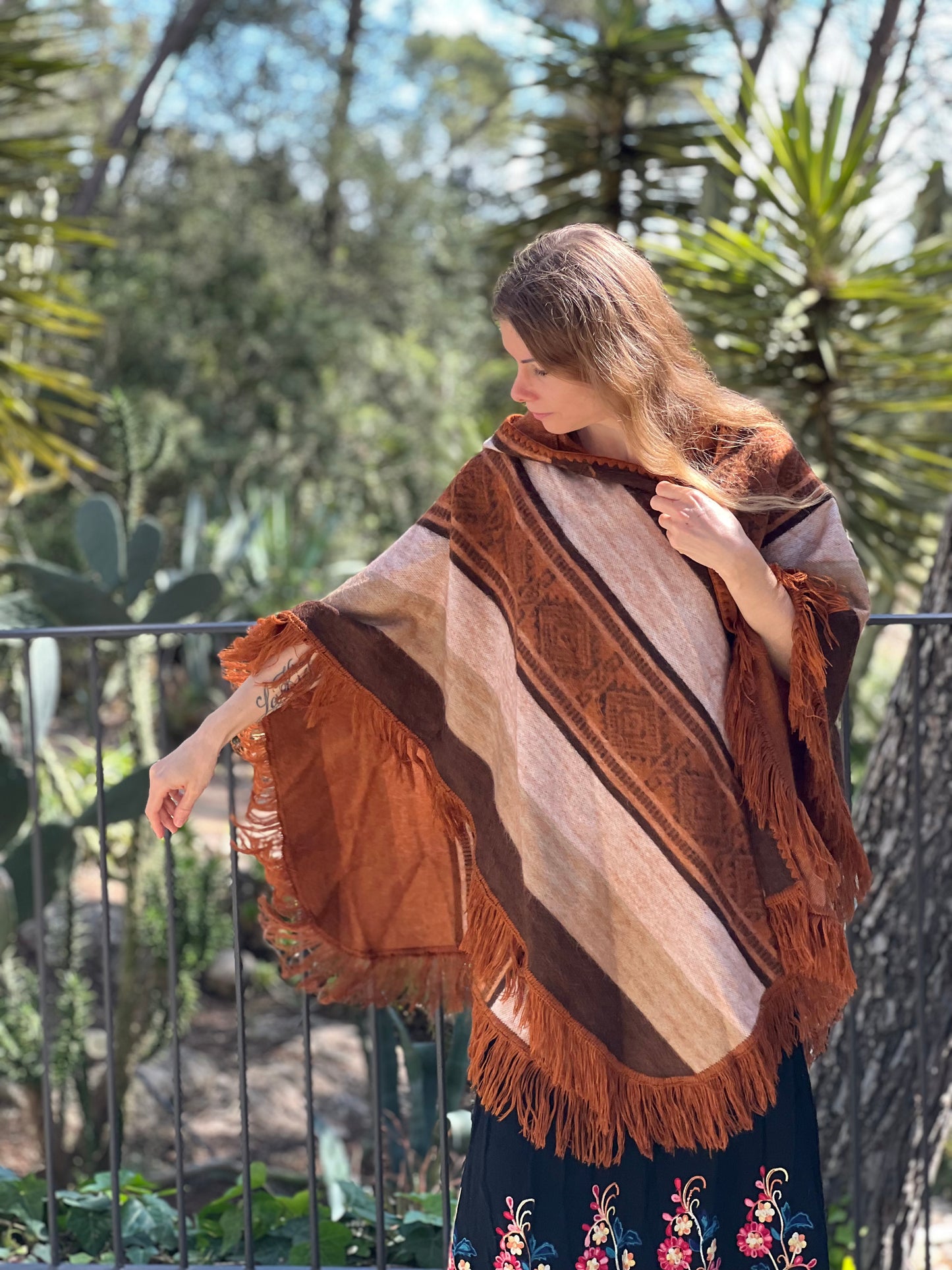 Brown beige winter poncho