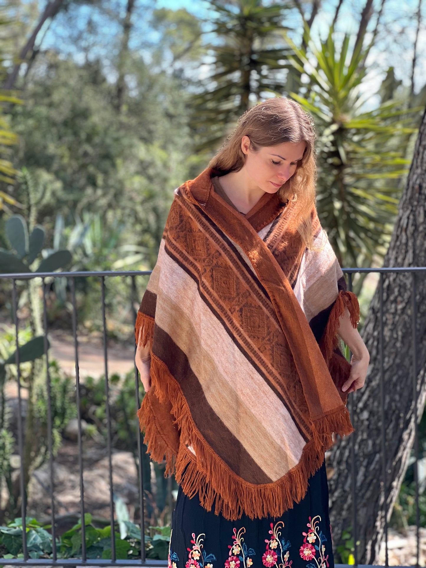 Brown beige winter poncho