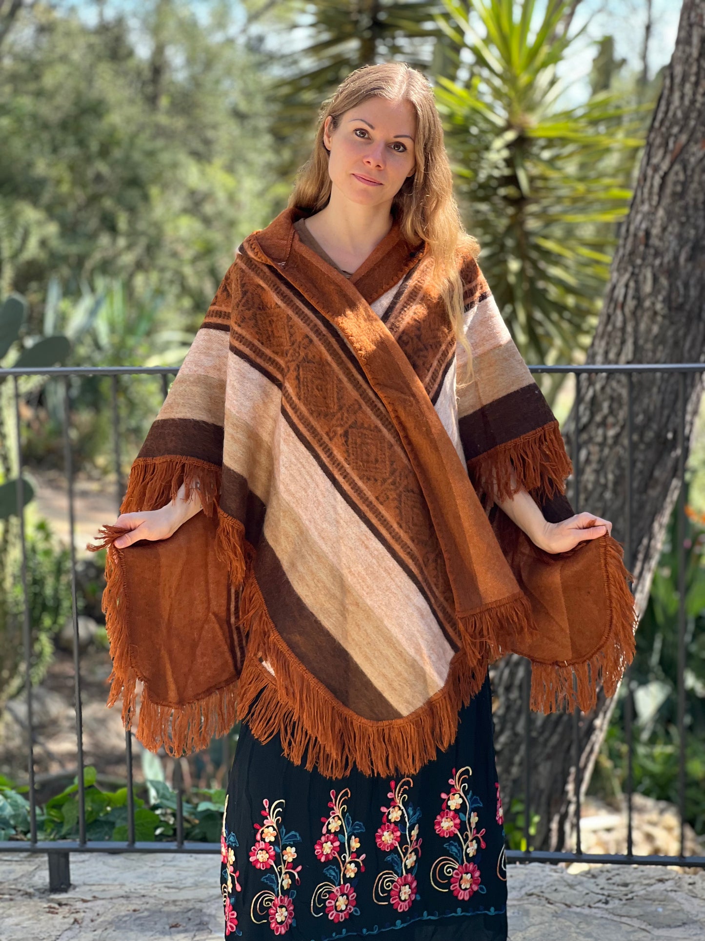 Brown beige winter poncho