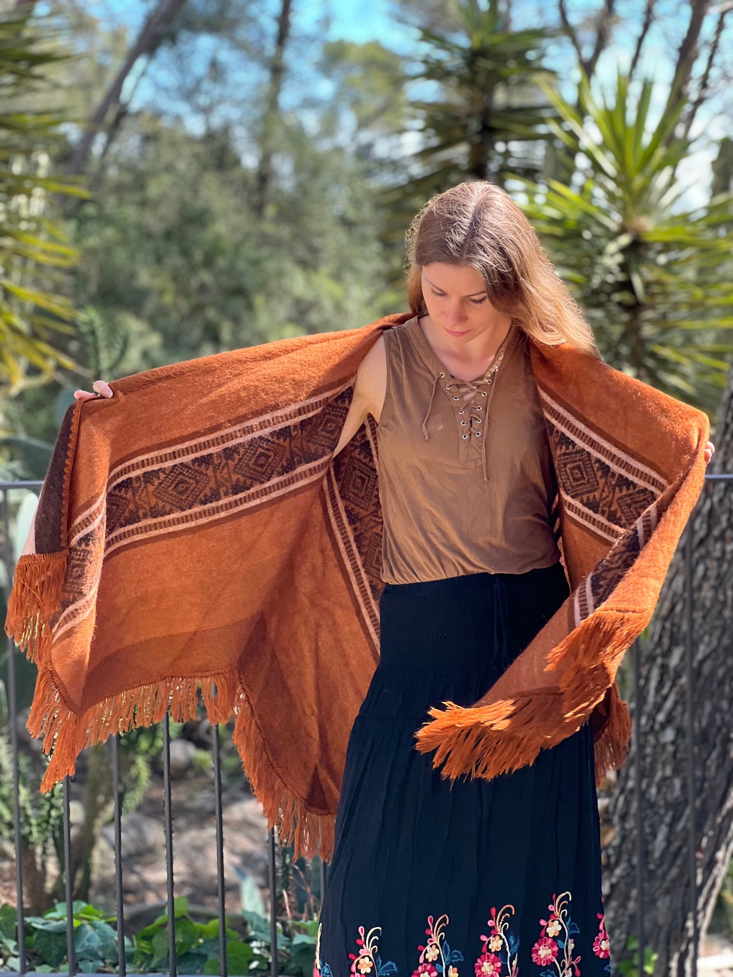 Brown beige winter poncho