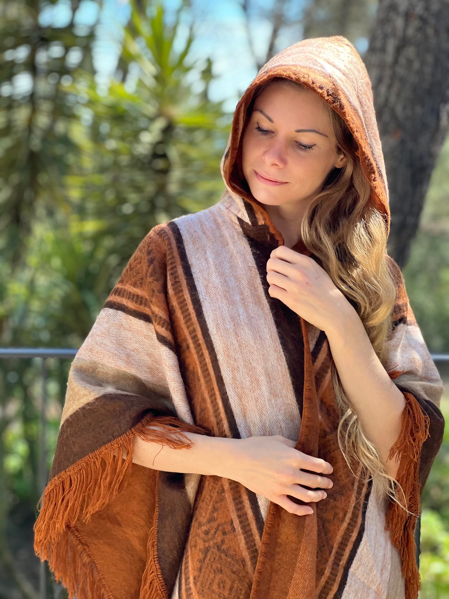 Brown beige winter poncho