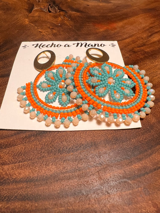 White blue orange circle earrings