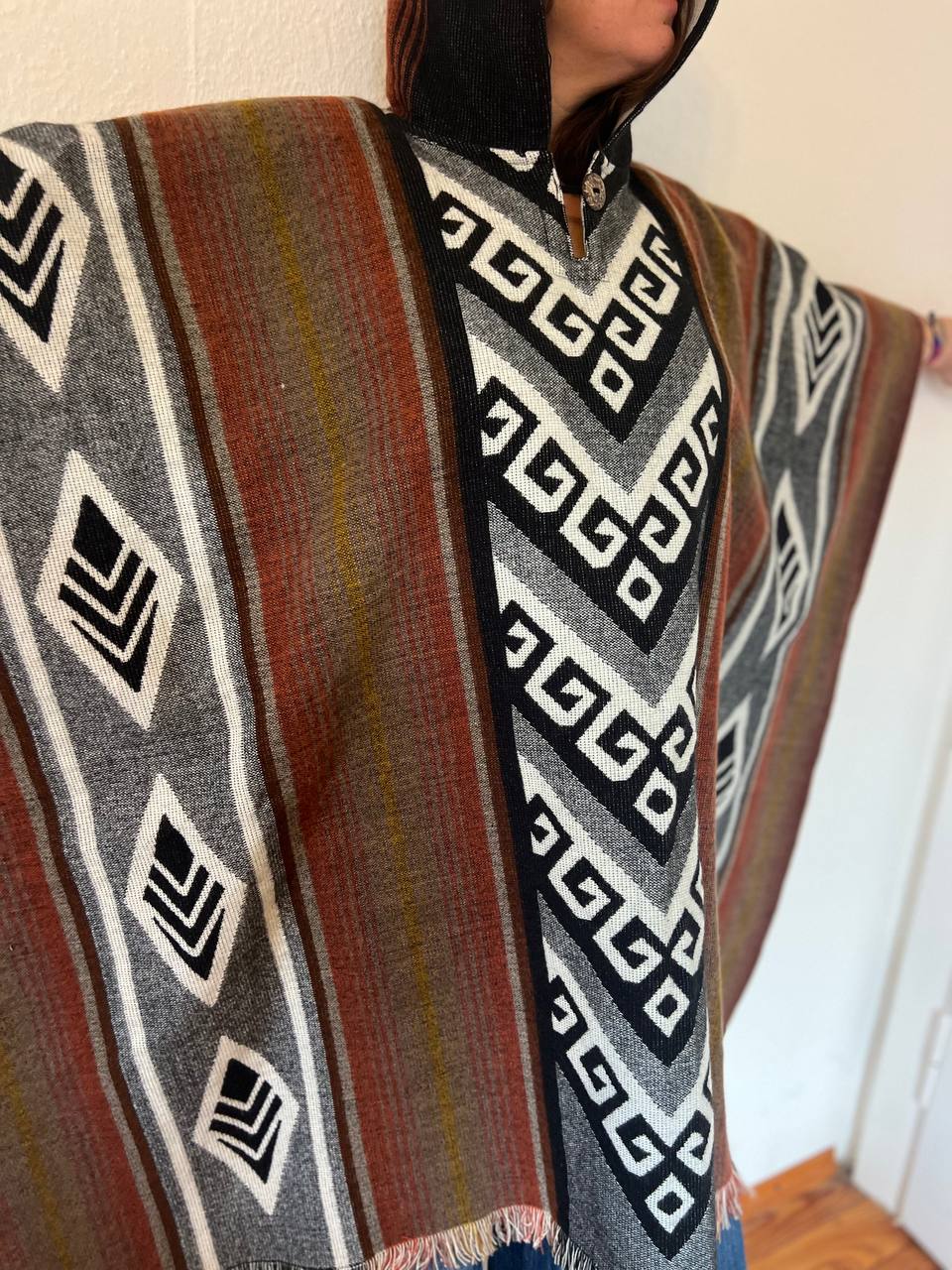 Green-black-white-grey winter poncho